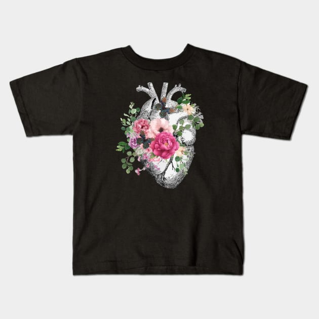Pink roses and butterflies Floral Heart Human Anatomy Kids T-Shirt by Collagedream